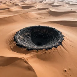 desert landscape photo of a round black crater in the shape of a ( ( pupil ) ) surrounded by sand dunes in the shape of an iris, drone photo