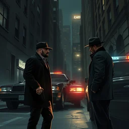 2 mafia criminals meet late at night in a dark alley in new york, a black criminal car is parked next to them, police car lights, digital illustration, amazing detail, in the style of greg rutkowski