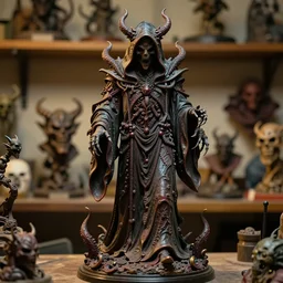 photo taken of an epic intricate, ultra detailed, super realistic sculpture of a nightmarish hellish demonic hooded grim reaper sculpture on display in a workshop, created by weta workshop, full body shots, photorealistic, sharp focus, f 0. 4, face centred, macro photography, golden ratio, golden hour
