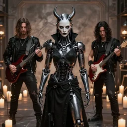 cyberpunk black metal band, 3 - piece, guitarists, bassist, drummer, vocalist, all black cyberpunk clothes, robotic prosthetic limbs, dermal implants, detailed faces, cyborg satan, futuristic, realistic, promo photograph, epk, room full of candles, dramatic lighting, high quality photograph, highly detailed, sharp, realistic