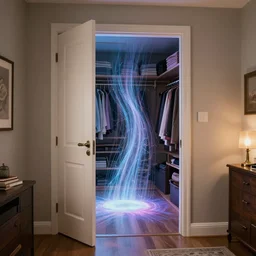 a home bedroom closet door opening a portal into another dimension!! digital art, highly detailed, dynamic lighting, photorrealistic, trending on artstation, 4 k