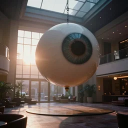 photorealistic wide shot cinematography of a giant floating eyeball sculpture in a twilight zone episode shot on film at magic hour with the sun shining into a large 6 0's hotel lobby room filled with volumetric haze by the shining cinematographer john alcott on a cooke panchro 2 7 mm lens.