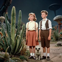detailed, sharp, a girl and a boy standing next to some strange wild alien plants, looking happy, wearing 1950s era clothes, their small pet tiny alien creature is standing nearby, in a park on a strange alien planet, extremely highly detailed, in focus faces, 70mm still from a classic period sci fi color blockbuster movie, 4k, 35mm macro lens, high quality lighting, sharp focus