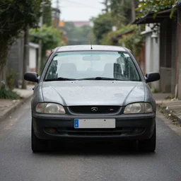 a ugly car driving in a narrow road