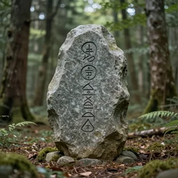 a mysterious stone with magical symbols stands in the middle of a forest of ancient oaks, dawn, oil painting