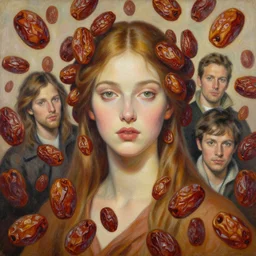 epic painting portrait of beautiful goddess surrounded by flying dried dates by amy leibowitz, wlop, jeremy lipkin, beeple, intricate, artgerm, ilya kuvshinov