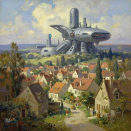 oil painting a romantic vintage village with futuristic technology, brutal, octane rendering, trending on artstation, thomas kinkade and james gurney