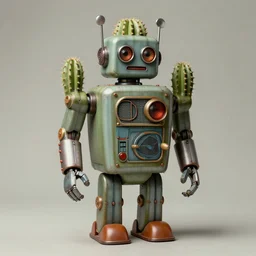 1950s retro cactus robot, Bionic Arms and eyes . muted colors. by Jean-Baptiste Monge