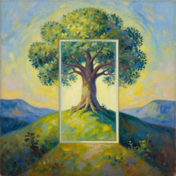 a beautiful painting of a portal to infinite creativity, magical tree of life on a hill, abstract landscape, 8 k, photorealism, hyper detailed
