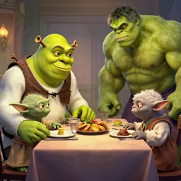 shrek, hulk and yoda eat dinner together