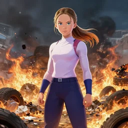 Greta Thunberg becoming super Saiyan 4 over a flaming garbage and tire mountain 8k