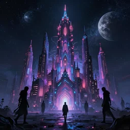 unimaginably complex neon fractal city machine dark mysterious figures walking around, galaxy moonlit background by josan gonzalez by jim burns