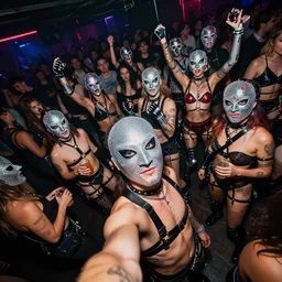 selfie at a provocative techwear packed busy rundown nightclub, lots of people, males and females breakdancing, variety of sharp sparkly creepy masks, harnesses and garters, some people holding drinks or have robot limbs or have cybernetic mods, tattoos and piercings, retrofuturism, brutalism, cyberpunk, sigma 85mm f/1.4, 15mm, 35mm, tilted frame, long exposure, 4k, high resolution, 4k, 8k, hd, wide angle lens, highly detailed, full color, harsh light and shadow, intoxicatingly blurry
