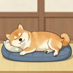a shiba-inu-samurai waking up from a nap, artwork on loan from the historical dog society of japan