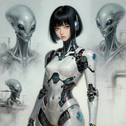 a young female japanese cyberpunk cyborg, artwork by adolph menzel, alien production design