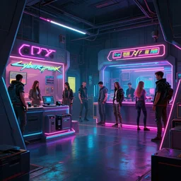 photo environement cyberpunk store : 4, 4 k rtx hdr volume light concept studio matte painting environement digital illustration style cyberpunk 2 0 7 7 artstation artur tarnowski, mihai muscan, marcin tomalak, marta leydy, marcin stepien, charlotte hughes, zuzanna dabrowa neon bioluminiscence