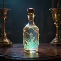 a magical bottle on a table, atmospheric lighting, cinematic, 4 k, cinematic composition