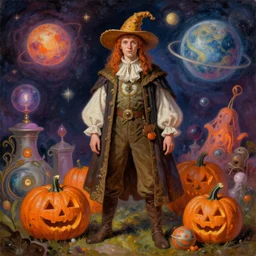 classic oil painting, 🎃 as a dnd character, surrounded by vibrant celestial objects, cottagecore, highly detailed, graphic design, digital illustration, concept art, smooth, sharp focus, art by tim hildebrandt, and greg hildebrandt