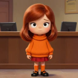 Beautiful stunning Portrait face of Velma Dinkley Real Life Beautiful Portrait Scene of Velma Dinkley wearing her iconic orange sweater from Scooby Doo in court for falsely accusing someone of being a criminal by Greg Rutkowski. Velma is a teenage female, with chin-length auburn hair and freckles. She is wearing a baggy, thick turtlenecked orange sweater, with a red skirt, knee length orange socks and black Mary Jane shoes. by Mark Arian, soft render, octane, highly detailed painting, artstation