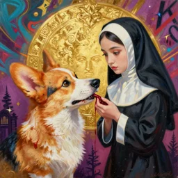 beautiful painting of corgi vampire sucking blood from a nun, by noah bradley, patrick woodroffe, posuka demizu, qing han, trending on artstation, 8 k, masterpiece, graffiti paint, fine detail, full of color, intricate detail, golden ratio illustration, face enhance