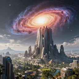 a hyper realistic landscape of futuristic utopia colossus consuming the andromeda, high detail