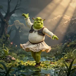 Fiona from Shrek, dancing in a dress in a swamp