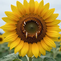 a photo of evil sunflower, human mouth, teeth, fangs, carnivorous, monster, scary, haunting, 1 0 0 mm