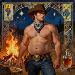 a dramatic, epic, ethereal painting of a handsome thicc shirtless cowboy with a beer belly wearing a large belt and bandana | background is a late night campfire with food and jugs of whisky | homoerotic | fire, flames, stars, tarot card, art deco, art nouveau, mosaic, intricate | by Mark Maggiori | trending on artstation