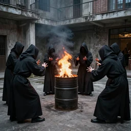 several masked hooded disciples, gathered in a brutalist courtyard, performing incantations over a fire in a barrel, by PJ Crook