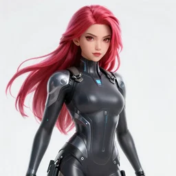 a daring badass female main character with vibrant long flowing hair, wearing a high tech jumpsuit, digital art, concept art, 8k, highly detailed, from an award winning video game, masterpiece