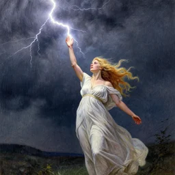 a demigoddess with blond hair in a storm summoning a streak of lightning from the sky. Detailed masterpiece. Drawn by Norman Rockwell and Frank Franzetta. Trending on artstation.