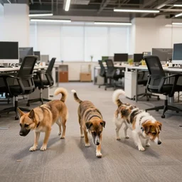 three dogs are working in coworking modern office