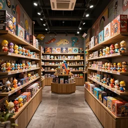 Inside a toy shop, toys on shelves, fantasy vendor interior, wide angle, cinematic, highly detailed, photorealistic, rich bright colors, trending on artstation, trending on cgsociety