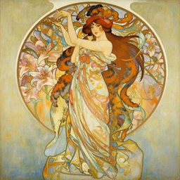 oil painting by yoshitaka amano, alfons mucha, makoto shinkai and john singer sargent, chinese taoist fairy goddess played by brigitte lin, colorful clothes and feather clothes of the tang dynasty, hyper detailed, character concept, full body, dynamic pose, intricate, lineart, cerpuscular rays, lily flowers. oil painting by yoshitaka amano, alfons mucha, makoto shinkai and john singer sargent. 8 k