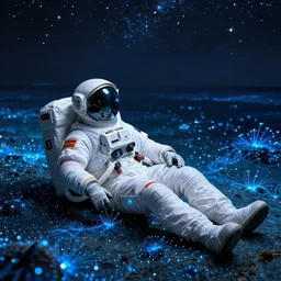 beautiful astronaut relaxing at the Sea Of Stars of Vaadhoo Island Maldives, Bioluminescent sea plankton that shines bright blue during the night makes the sea area, glowing water, intricate, elegant, luxurious, digital painting, concept art, smooth, sharp focus, from Star Trek 2021, illustration, by WLOP and Ruan Jia and Mandy Jurgens and William-Adolphe Bouguereau, Artgerm
