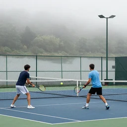 two men playing tennis at a ping court in the misty morning surrounding by water