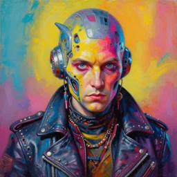 portrait of a scifi apocalyptic loomis head character, cool pose, psychedelic vibrant colors, futuristic punk rock fashion, oil painting by michael whelan art, sharp focus, realistic, detailed eyes, studded leather jacket, 8 k