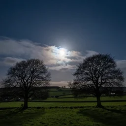 Yorkshire countryside covered with tree at night | Stars in the sky | Full moon partly hidden by clouds | Beautiful and calm