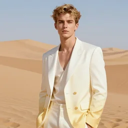 full figure beautiful young fit man, dressed with expensive clothes, luminous scene, by greg rutkowski and alphonse mucha, d & d character, gradient white to gold, in front of a dune desert background, highly detailed portrait, digital painting, artstation, concept art, smooth, sharp focus illustration, artstation hq