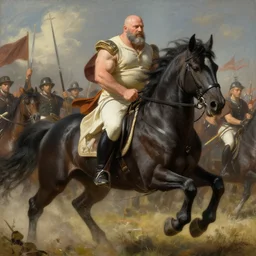 chonky ethan van sciver with a bald head and short grey beard riding a black stallion horse into battle, beautiful artwork by artgerm and rutkowski, breathtaking, beautifully lit, dramatic