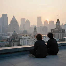a small rooftop with a couple of people sitting and watching the view, wearing black modern clothes, messy hair, modern shanghai bund in smog is on the background, sunset, by gregory crewdson