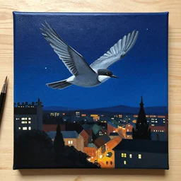 paint acrylic a bird fly in the sky in the night over a town