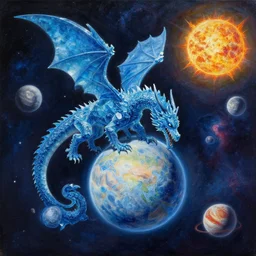 prompt Blue crystalline European dragon devouring a planet, space, planets, moons, sun system, nebula, oil painting, by Fernanda Suarez and and Edgar Maxence and greg rutkowski