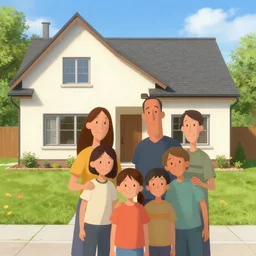 happy family near new house. real estate. perfect faces. by nuri iyem, james gurney, james jean, greg rutkowski, anato finnstark