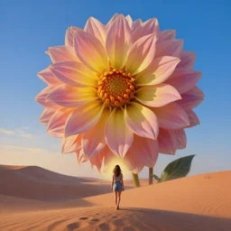 closeup giant dahlia flower under head, a girl walking between the dunes, surreal photography, sunrise, blue sky, dramatic light, impressionist painting, digital painting, artstation, simon stalenhag