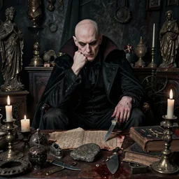 portrait of a neurotic british man ( ( vampire ) ) bald feeling confidant in a cluttered room full of ancient artifacts dark dusty statues runes books magical arcane instruments candlesticks ritual stone knife drapery bloody atmospheric f / 1. 4 hdr
