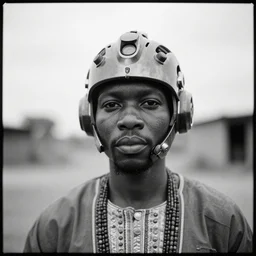 an analogue photo of an Tribal Igbo man wearing futuristic mech head gear, black & white, 35mm, f/1.4,