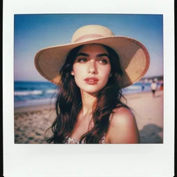 vintage polaroid of an attractive woman with a large hat at the beach, warm azure tones, red color bleed, film grain