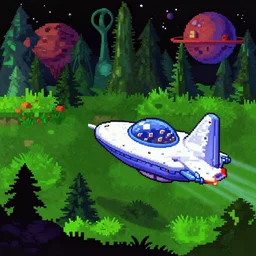 a spaceship on a strange alien planet with an alien forest in background, from a space themed Serria point and click 2D graphic adventure game, made in 1999, high quality graphics