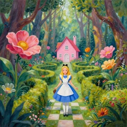 Alice in wonderland theme, painting forest with huge flowers and exotic trees, manicured hedges, checkerboard path, pink cottage in woods, in Jeremy fenske artstyle with hunter